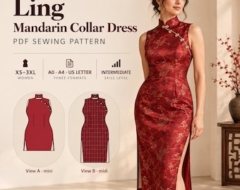 Può includere: Un abito rosso senza maniche con colletto alla coreana e motivi floreali dorati, caratterizzato da uno spacco laterale e chiusura diagonale con bottoni. L'immagine include il testo per un cartamodello PDF intitolato Ling Mandarin Collar Dress.
