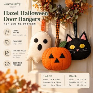 Patron de couture pour une décoration de porte d'Halloween, Chat citrouille fantôme (PDF)