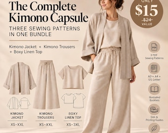 Può includere: Il pacchetto di cartamodelli The Complete Kimono Capsule di SewFoundry include una giacca kimono, pantaloni kimono e un top in lino dalla linea squadrata. Il set contiene tre cartamodelli PDF in formato A0, A4 e US Letter con libretti illustrati.