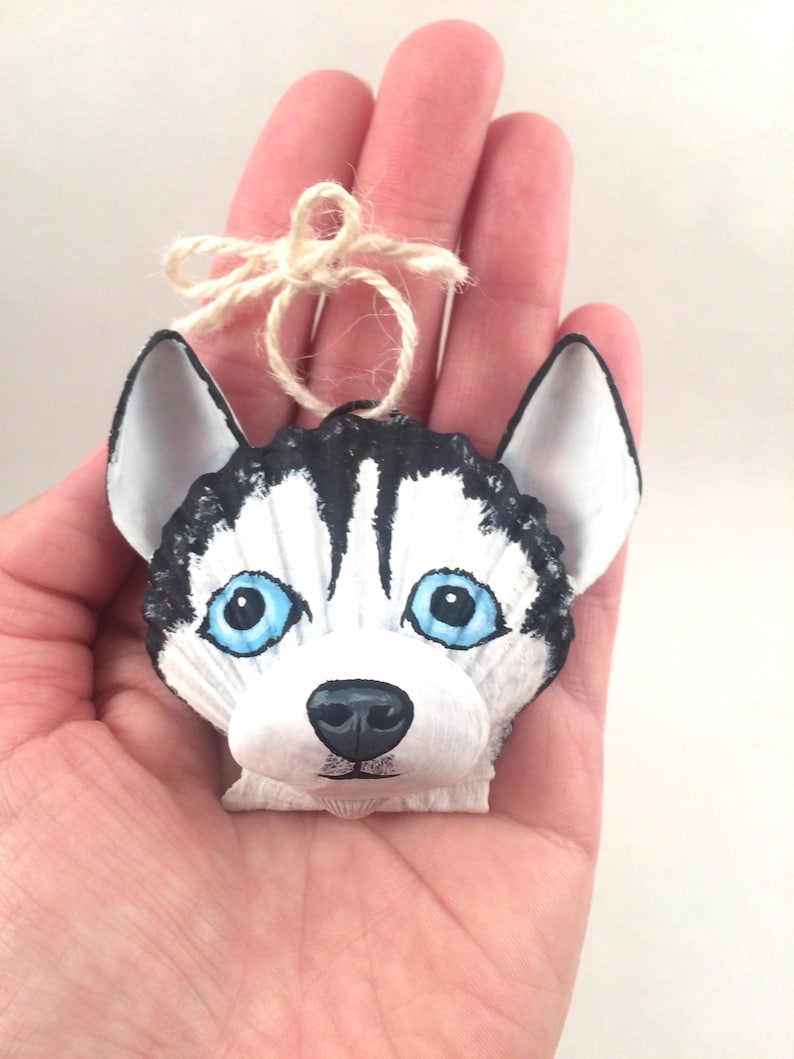 Cottage Dog ornament Coastal Beach and Dog Lover ornament. Seashell Black and White Husky Ornament Christmas ornament