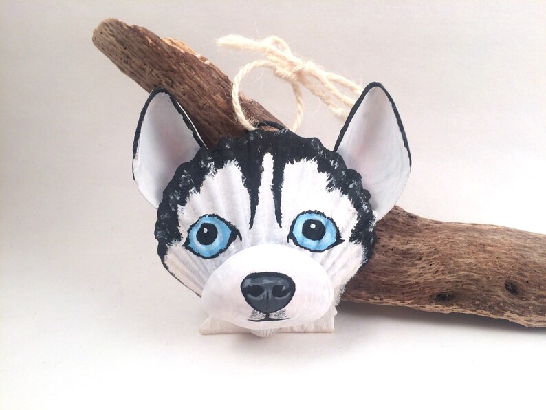 Cottage Dog ornament Coastal Beach and Dog Lover ornament. Seashell Black and White Husky Ornament Christmas ornament