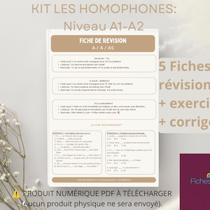Può includere: Un foglio di lavoro educativo digitale intitolato KIT LES HOMOPHONES: Niveau A1-A2, contenente note di revisione grammaticale francese per A, À e AS, seguite da due esercizi. Il documento include testo, elenchi puntati e una nota PDF.