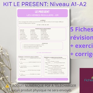 Può includere: Una scheda didattica bianca intitolata LE PRESENT LES VERBES REGULIERS - ER con intestazioni e bordi viola. Il documento contiene regole grammaticali francesi, esempi di coniugazione per verbi come parler, danser e regarder, ed esercizi.