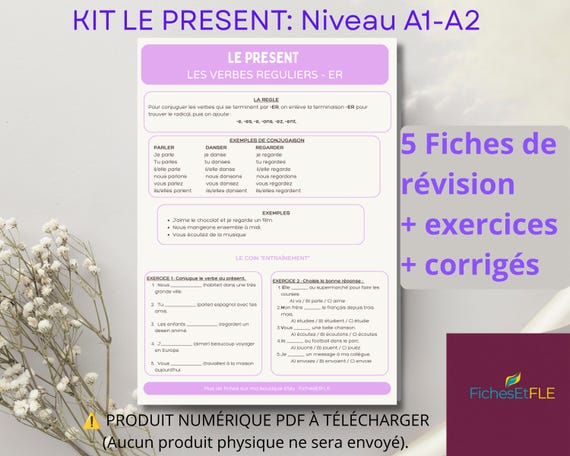 French as a Foreign Language (FLE) Present Tense Kit A1-A2 - 5 French Conjugation Sheets, Exercises and Answer Keys Included - Printable PDF