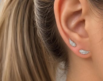 Angel Wing Stud Earrings, Silver Pink Zircon Celestial Jewelry