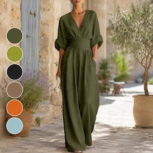 Deep V Neck Women’s Jumpsuit, Loose Wide Leg Romper, Boho Summer Vacation Outfit