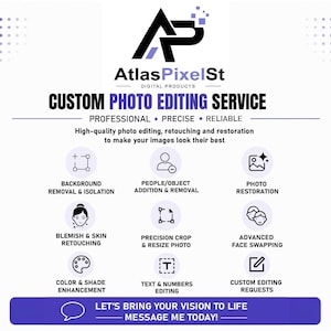 May include: A white informational graphic for AtlasPixelSt custom photo editing services. It lists features including background removal, object addition, photo restoration, skin retouching, cropping, face swapping, colour enhancement, and text editing.
