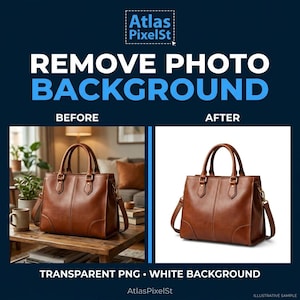 May include: A brown leather handbag with two top handles and gold-tone hardware. The image displays a before and after comparison showing the bag on a wooden table and then isolated on a white background with the text Atlas PixelSt.