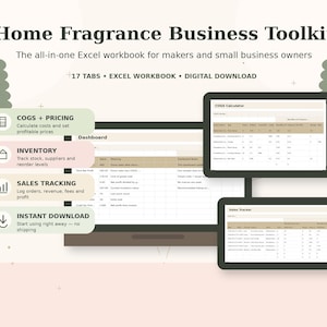 Pode incluir: Home Fragrance Business Toolkit, uma pasta de trabalho do Excel para fabricantes e pequenos empresários. Inclui 17 abas, download digital, calculadora de custos e preços, rastreamento de estoque, vendas e painéis de controle.