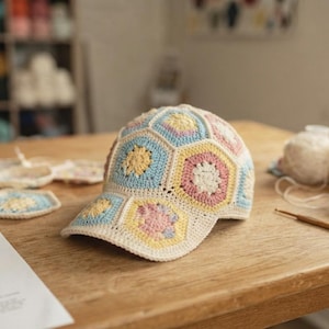 Op de afbeelding: Een honkbalpet gemaakt van gehaakte zeshoekige motieven in pasteltinten van roze, geel, blauw en crème. De pet heeft een gestructureerde klep en een ronde kroon, waarbij individuele garenvierkanten zichtbaar zijn op het oppervlak van de stof.