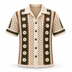 May include: A short-sleeved button-down shirt made of cream, dark green, and brown crochet fabric. The shirt features a repeating vertical pattern of white daisy motifs integrated into the dark green panels, a collared neckline, and dark brown buttons.