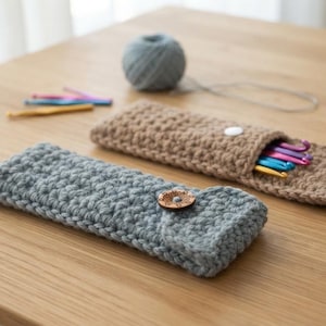 May include: Two rectangular crochet pouches for holding tools, one in light gray with a wooden button closure and one in tan with a white snap closure. The tan pouch contains several colorful metal crochet hooks inside the open top compartment.