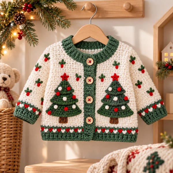 Christmas Tree Cardigan Crochet Pattern (PDF), Kids Holiday Sweater, Bulky Yarn, Sizes 2-12 Years