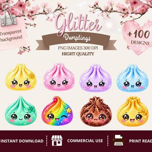 Peut inclure: Une collection numérique de plus de 100 illustrations de boulettes scintillantes aux couleurs variées, notamment jaune, rose, violet, bleu, turquoise, arc-en-ciel et marron. Chaque boulette a un visage souriant avec de grands yeux et des paillettes.