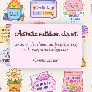 May include: A collection of colorful digital stickers featuring various illustrations and text including a dumpster fire labeled IT'S FINE (PROBABLY), a computer window saying Overthinking? ALWAYS, a brain with BRAIN BUFFERING, and a snack bag labeled THRIVING ON DELUSIONS & SNACKS.