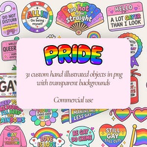 Peut inclure: Une collection de 31 autocollants numériques illustrés à la main, aux couleurs de l'arc-en-ciel, avec des slogans liés à la fierté et divers symboles comme des cœurs, des drapeaux et des lunettes, sur un fond clair avec le texte PRIDE.