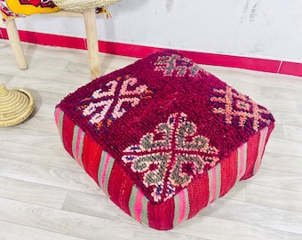 Handmade Wool Kilim Pouf – Vintage Moroccan Ottoman, Floor Cushion