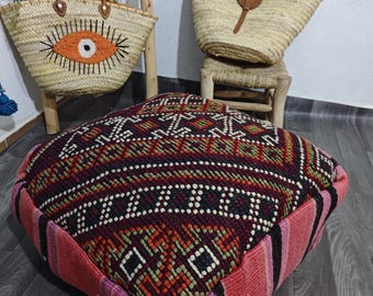Moroccan handmade pouf pink and white – Handmade, berber floor cushion, earthy boho ottoman