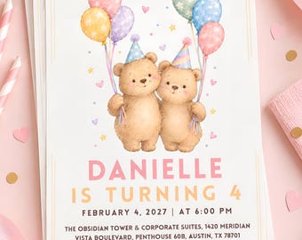 Könnte beinhalten: Eine Geburtstagseinladungskarte mit zwei Aquarell-Teddybären, die Partyhüte tragen und bunte Luftballons halten. Der Text lautet: DANIELLE IS TURNING 4, FEBRUARY 4, 2027 | AT 6:00 PM, THE OBSIDIAN TOWER & CORPORATE SUITES, 1420 MERIDIAN VISTA BOULEVARD, PENTHOUSE 60B, AUSTIN, TX 78701, RSVP TO MOM : 555-486-7452.