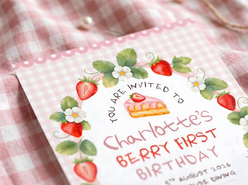 Puede incluir: Una tarjeta de invitaci&oacute;n rectangular con un borde de cuadros vichy rosa y blanco. El centro presenta una corona de fresas, un trozo de pastel y el texto: YOU ARE INVITED TO Charlotte's BERRY FIRST BIRTHDAY 5TH AUGUST 2026.
