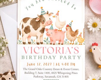 Könnte beinhalten: Eine rechteckige Geburtstagseinladung mit einer Aquarellillustration von Kuh, Schwein, Ente, Huhn und Küken mit Partyhüten. Der Text lautet: You Are Invited To VICTORIA'S BIRTHDAY PARTY June 12, 2027 | At 4:00 PM The Grand Oaks Country Estate & Event Center, Building 7, Suite 1400, 4825 Whispering Pines Parkway, Savannah, GA 31405 RSVP : 555-123-4567.