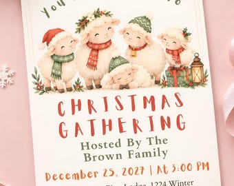 Könnte beinhalten: Eine Einladungskarte für eine Weihnachtsfeier mit fünf illustrierten Schafen in Wintermützen und Schals. Der Text lautet: You Are Invited To CHRISTMAS GATHERING Hosted By The Brown Family December 25, 2027 | At 3:00 PM The Frosty Pine Lodge, 1224 Winter Wonderland Way, Suite 200, Aspen, CO 81611 RSVP: 555-123-4567.