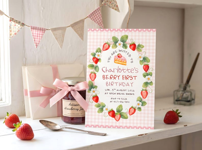 Puede incluir: Una tarjeta de invitaci&oacute;n de cumplea&ntilde;os rectangular con un borde de cuadros vichy rosa y una ilustraci&oacute;n de una corona de fresas. El texto dice: You are invited to Charlotte's Berry First Birthday, 2pm, 5th August 2026, at Open House Dining, RSVP to Julia at 412-456-7890.