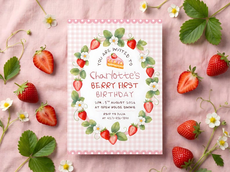 Puede incluir: Una tarjeta de invitaci&oacute;n rectangular con un borde de cuadros rosa claro y blanco que presenta una corona ovalada central de fresas, hojas verdes y flores blancas. El texto dice: You are invited to Charlotte's Berry First Birthday.