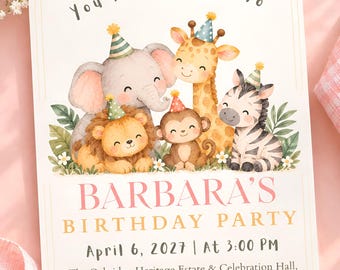Könnte beinhalten: Eine rechteckige Geburtstagseinladungskarte mit Aquarellillustrationen eines Elefanten, einer Giraffe, eines Löwen, eines Affen und eines Zebras mit Partyhüten. Der Text lautet: You Are Invited To BARBARA'S BIRTHDAY PARTY April 6, 2027 | At 3:00 PM The Oakridge Heritage Estate & Celebration Hall, Building B, Unit 300, 1150 Valley Forge Parkway, Charleston, SC 29401 RSVP: 555-123-4567.