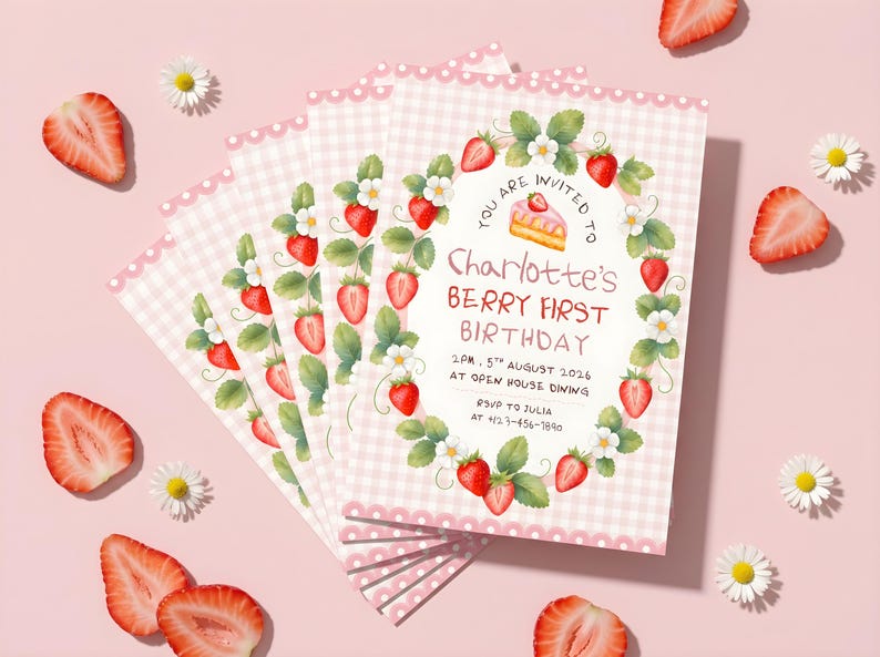 Puede incluir: Un mont&oacute;n de invitaciones de cumplea&ntilde;os rectangulares con un patr&oacute;n de cuadros vichy rosa y blanco y un borde festoneado. El centro muestra una corona de fresas, un trozo de pastel y el texto: You are invited to Charlotte's Berry First Birthday.