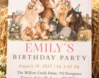 Könnte beinhalten: Eine Geburtstagseinladungskarte mit sechs illustrierten Ponys, die bunte Partyhüte tragen. Der Text lautet: You Are Invited To EMILY'S BIRTHDAY PARTY August 10, 2027 | At 5:00 PM The Willow Creek Estate, 742 Evergreen Terrace, Suite 4B, Austin, TX 78701 RSVP To Mom 555-123-4567.