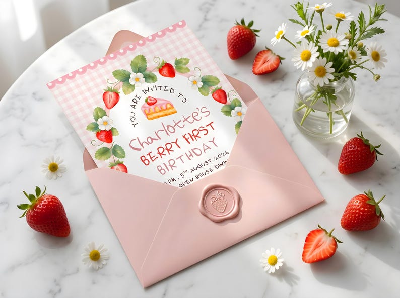Puede incluir: Un sobre rosa que contiene una tarjeta de invitaci&oacute;n de cumplea&ntilde;os con un borde de cuadros vichy rosa claro. La tarjeta presenta una corona de fresas en acuarela, un trozo de pastel y el texto: YOU ARE INVITED TO Charlotte's BERRY FIRST BIRTHDAY.
