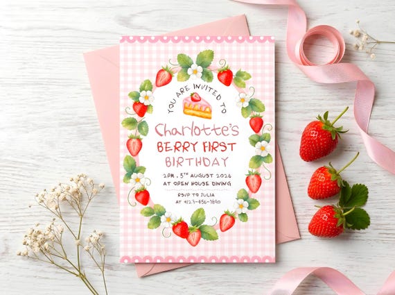 Berry First Birthday Invitation, Berry Sweet One Invite, Editable Canva Template, Strawberry Girl First Birthday Party, Digital Download