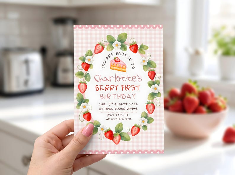 Puede incluir: Una tarjeta de invitaci&oacute;n rectangular con fondo de cuadros vichy rosa claro y borde festoneado blanco. Una corona de fresas y flores blancas rodea el texto: YOU ARE INVITED TO, Charlotte's BERRY FIRST BIRTHDAY, 2PM, 5TH AUGUST 2026, AT OPEN HOUSE DINING, RSVP TO JULIA AT +123-456-7890.