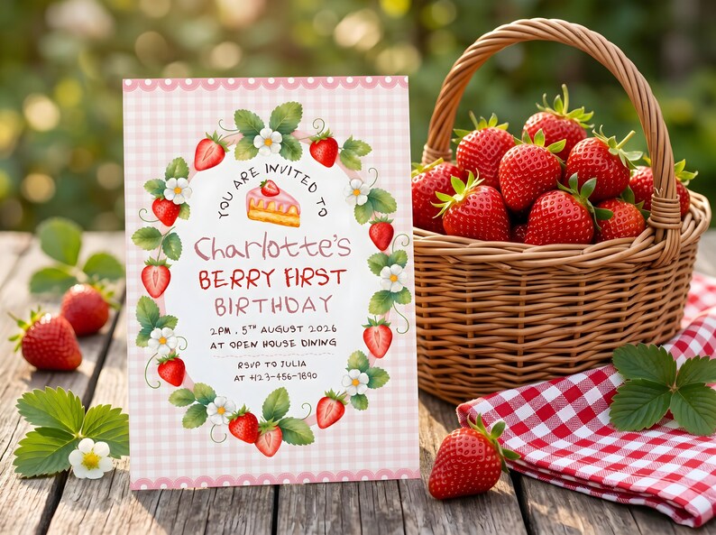 Puede incluir: Una tarjeta de invitaci&oacute;n rectangular con borde de cuadros vichy rosa, con una ilustraci&oacute;n de una corona de fresas y flores. El texto dice: YOU ARE INVITED TO Charlotte's BERRY FIRST BIRTHDAY 2PM 5TH AUGUST 2026 AT OPEN HOUSE DINING RSVP TO JULIA AT +123-456-7890.