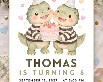 Könnte beinhalten: Eine Geburtstagseinladung mit zwei grünen Zeichentrick-Dinosauriern in gestreiften Pullovern und Partyhüten, die einen Kuchen mit Kerze halten. Der Text lautet: THOMAS IS TURNING 6, SEPTEMBER 19, 2027, AT 5:00 PM, THE SAPPHIRE MEADOW RESORT & PAVILION, 8850 CRIMSON CLOVER LANE, MONARCH SUITE 100, DALLAS, TX 75201, RSVP TO MOM: 555-486-7452.