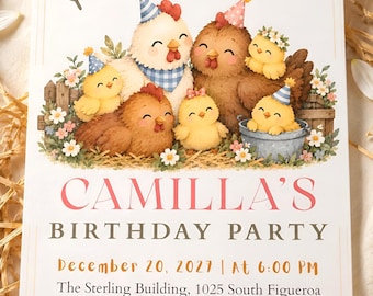 Könnte beinhalten: Eine rechteckige Geburtstagseinladung mit illustrierten Hühnern und Küken, die Partyhüte tragen. Der Text lautet: You Are Invited To CAMILLA'S BIRTHDAY PARTY December 20, 2027 | At 6:00 PM The Sterling Building, 1025 South Figueroa Street, Penthouse 15B, Los Angeles, CA 90015 RSVP To Mom 555-123-4567.