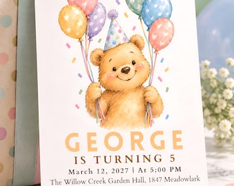 Könnte beinhalten: Eine Geburtstagseinladungskarte mit einer Aquarellillustration eines braunen Teddybären, der einen Partyhut trägt und bunte Luftballons hält. Der Text lautet: GEORGE IS TURNING 5, March 12, 2027 | At 5:00 PM, The Willow Creek Garden Hall, 1847 Meadowlark Lane, Houston, TX 00000, RSVP: 555-486-7452.