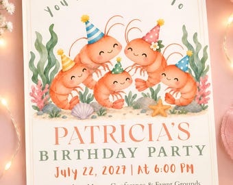 Könnte beinhalten: Eine rechteckige Geburtstagseinladung mit vier gezeichneten Garnelen, die bunte Partyhüte tragen. Der Text lautet: You Are Invited To PATRICIA'S BIRTHDAY PARTY July 22, 2027 | At 6:00 PM The Sterling Manor Conference & Event Grounds, Pavilion 4, Suite 120, 7500 Meadowlark Estates Boulevard, Nashville, TN 37214 RSVP: 555-123-4567.