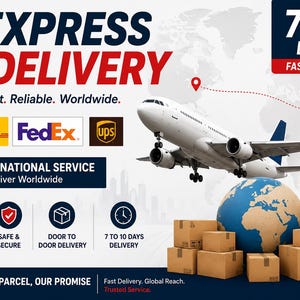 May include: A graphic advertisement for express delivery featuring a white airplane flying over a globe and brown cardboard boxes. The text reads EXPRESS DELIVERY, 7 TO 10 DAYS, FAST DELIVERY, DHL, FEDEX, UPS, INTERNATIONAL SERVICE, and WORLDWIDE SHIPPING.