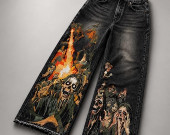 Pantalones vaqueros negros con estampado de terror, pantalones vaqueros anchos y holgados, pantalones vaqueros estilo streetwear con calaveras y fuego, pantalones góticos grunge de Halloween para hombre.