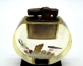 Vintage Lucite Aquarium Table Lighter Embedded Fish Shells Coral MCM