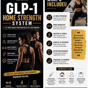 May include: A promotional flyer for the TBA The Better Athlete GLP-1 Home Strength System, a 12-week muscle preservation and fat loss program. The layout features text, icons, and images of individuals exercising, detailing workout plans, nutrition, and trackers.
