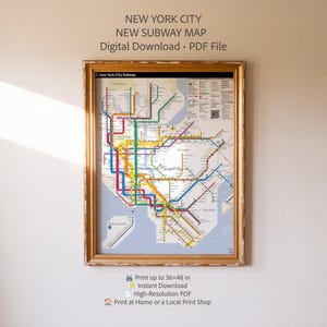 以下が含まれることがあります： 薄い青色の背景に多色の路線網が描かれたニューヨーク市地下鉄の路線図。額縁に入っており、上部には「NEW YORK CITY NEW SUBWAY MAP Digital Download PDF File」というテキストとQRコードが記載されています。
