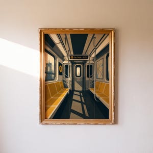 May include: A framed art print depicting the interior of a subway car with yellow bench seating, metal handrails, and a destination sign reading Bay Ridge - 95 St. Through the window, a bridge silhouette is visible against a light sky.