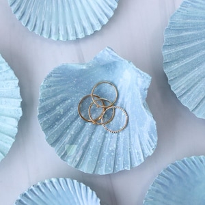 May include: Five light blue seashell-shaped dishes, made of concrete, with a speckled finish. One dish has four gold rings inside.