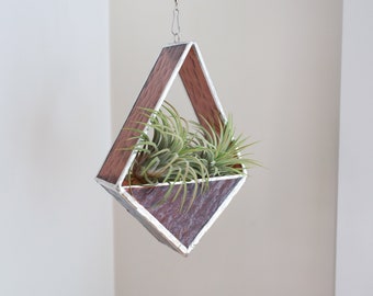 Purple Texture Hanging Geometric Stained Glass Air Plant Holder | Modern Home Decor | Handcrafted Glass Terrarium | Stained Glass Diamond