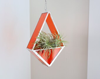 Orange Hanging Geometric Stained Glass Air Plant Holder | Modern Home Decor | Handcrafted Glass Terrarium | Stained Glass Diamond Shape