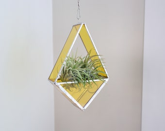 Yellow Hanging Geometric Stained Glass Air Plant Holder | Modern Home Decor | Handcrafted Glass Terrarium | Stained Glass Diamond Shape