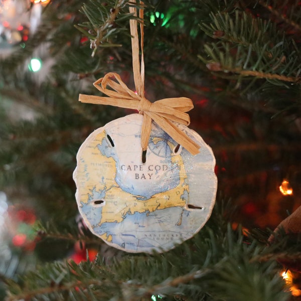 Cape Cod Map Sand Dollar Ornament | Christmas Tree Ornament | Cape Cod Vacation Souvenir | Stocking Stuffer | Map Ornament | Decoupage Map
